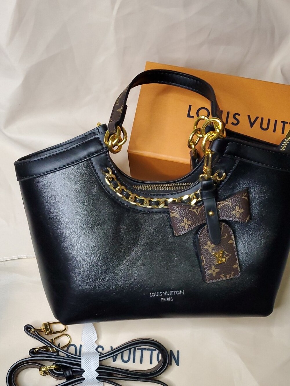 Black Lv Shoulder Bag with Brown Monogram Bow and Gold Hardware - Picture 3 of 14